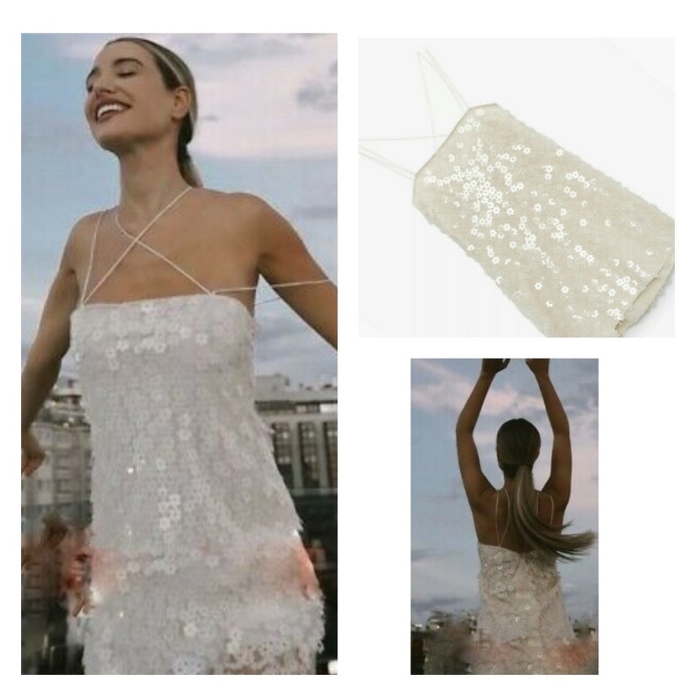 NWT ZARA Ivory Daisy Sequin Mini Slip Dress XS Blogger Favorite Bridal